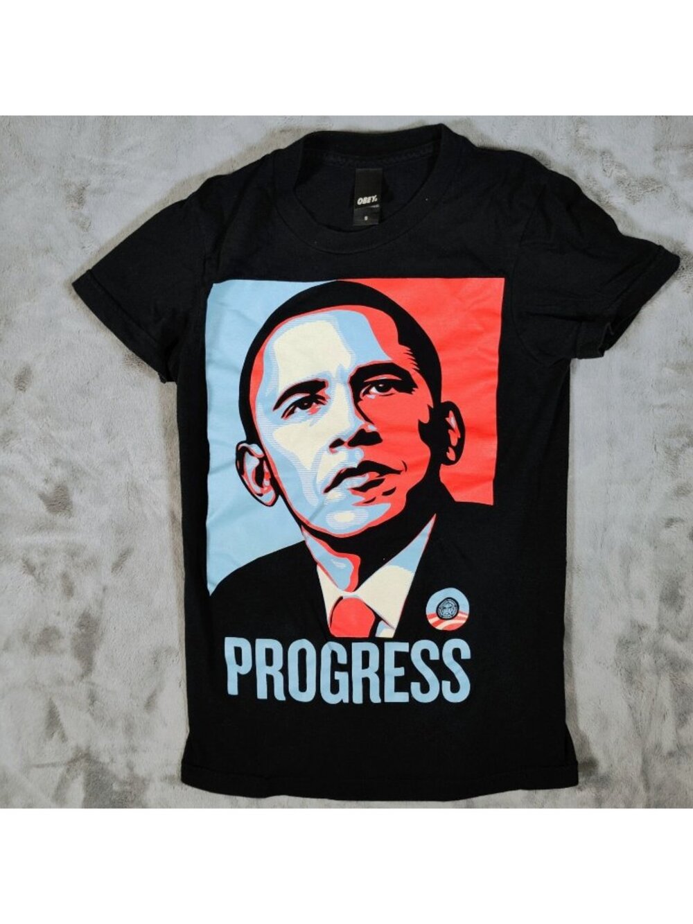 Obey Womens Barack Obama Made in USA "Progress" Black Graphic T-Shirt (Small)